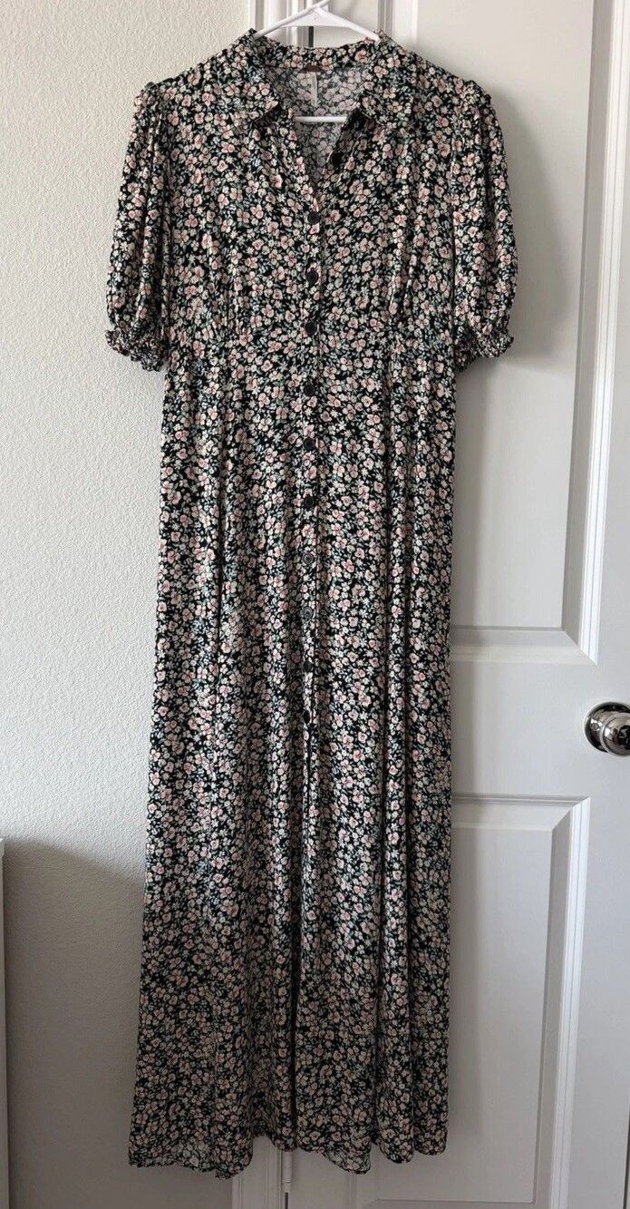 Free People Ditsy Floral Maxi Dress Button Front Puff Sleeve Boho Black Sz S